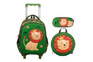 Kit Escolar Mochila de Rodinhas Lancheira e Estojo Leãozinho 3D Verde und - Yins